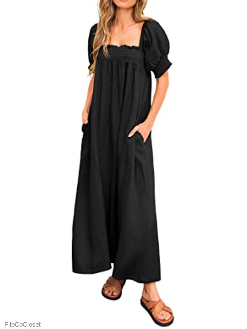 Women's Summer Maxi Dress Puff Sleeve Square Neck Babydoll Flowy Casual Long